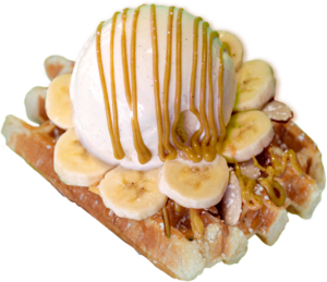 Llama Gone Nuts: Waffles with Ice Cream and Banana with Almonds, and Peanut Butter Sauce