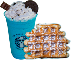 Blue milkshake and liege waffle.