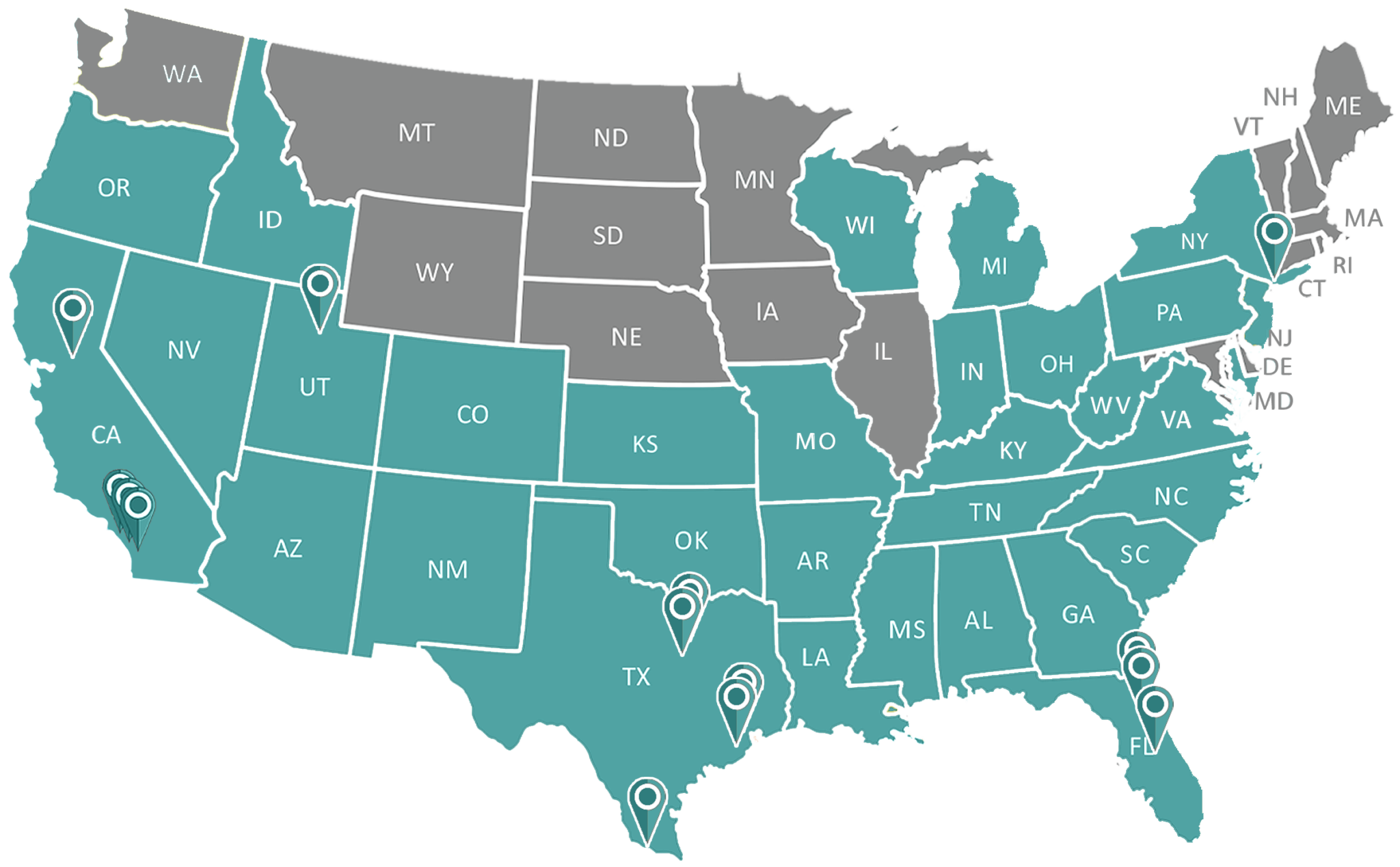 Franchise Opportunity Map showing 4 stores open in California, 1 store open in Utah, 5 stores open in Texas, 1 store open in New York and 3 stores open in Florida.